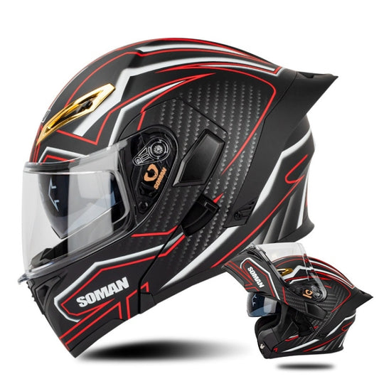 SOMAN Motorcycle Dual Lens Riding Peel-Off Full Coverage Helmet, Size: S(Matt Black Red) - Helmets by SOMAN | Online Shopping UK | buy2fix