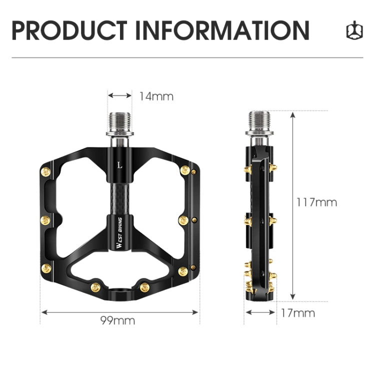 WEST BIKING 3 Bearings Ultralight Carbon Fiber Bushing Mountain Bike Pedal(Black) - Pedals by WEST BIKING | Online Shopping UK | buy2fix