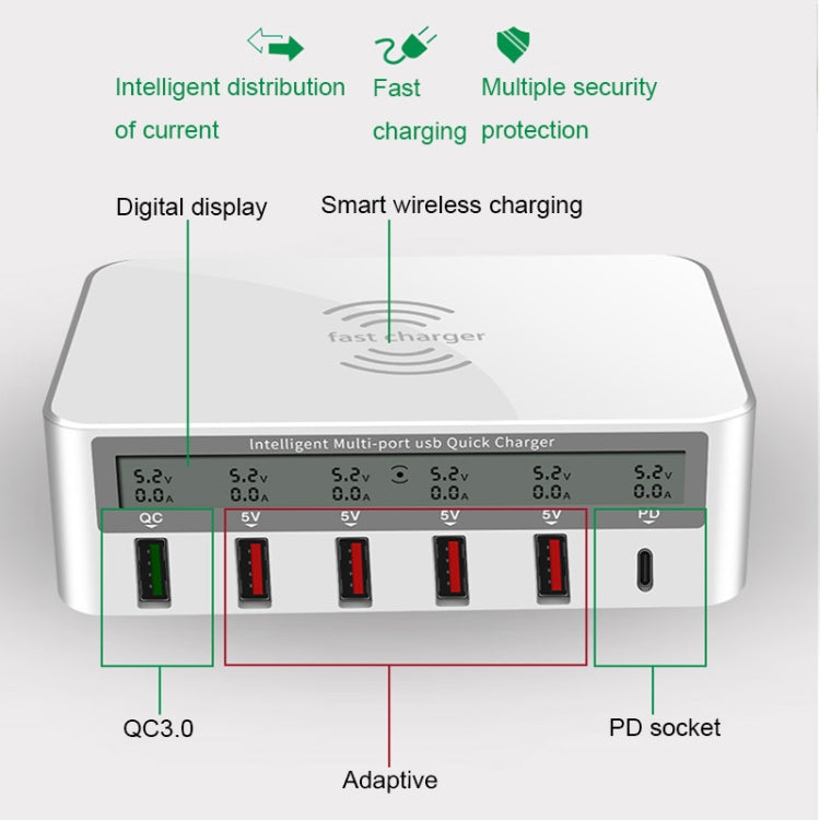 818PF 5 USB Ports + Type-C Smart Digital Display Wireless Phone Charger, Style: EU Plug (White) - Multifunction Charger by buy2fix | Online Shopping UK | buy2fix