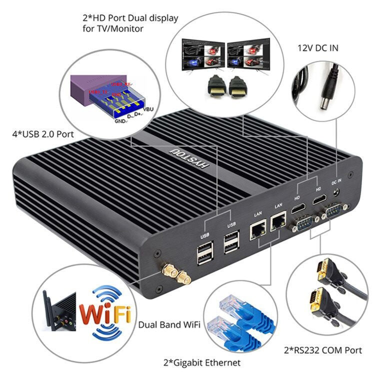 HYSTOU P05B-I3-5005U-2C Fanless Mini PC Intel Core i3 5005u Processor Quad Core up to 2.0GHz, RAM: 16G, ROM: 256G, Support Win 7 / 8 / 10 / Linux(Black) - Barebone Mini PCs by HYSTOU | Online Shopping UK | buy2fix