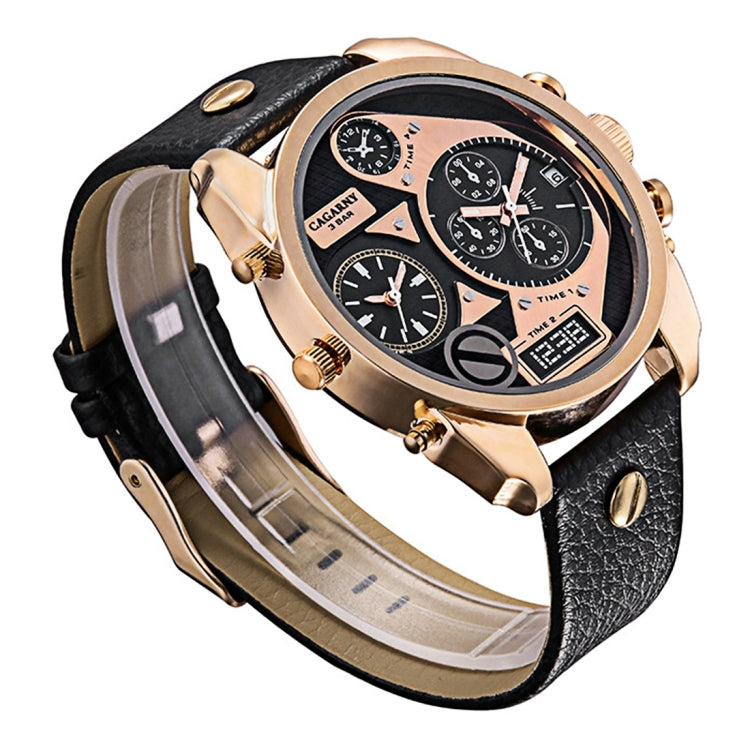 CAGARNY 6822 Fashionable Concise Style Large Dial Dual Clock Rose Gold Case Quartz Movement Wrist Watch with Leather Band & GMT Time & Calendar Functions for Men(Black Window) - Leather Strap Watches by buy2fix | Online Shopping UK | buy2fix